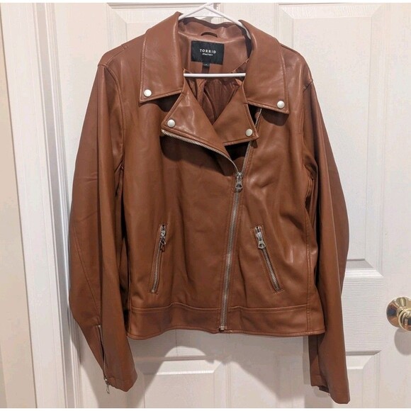 Torrid Size 3x Cognac Brown Faux Leather Asymmetrical Moto Jacket - Picture 1 of 14